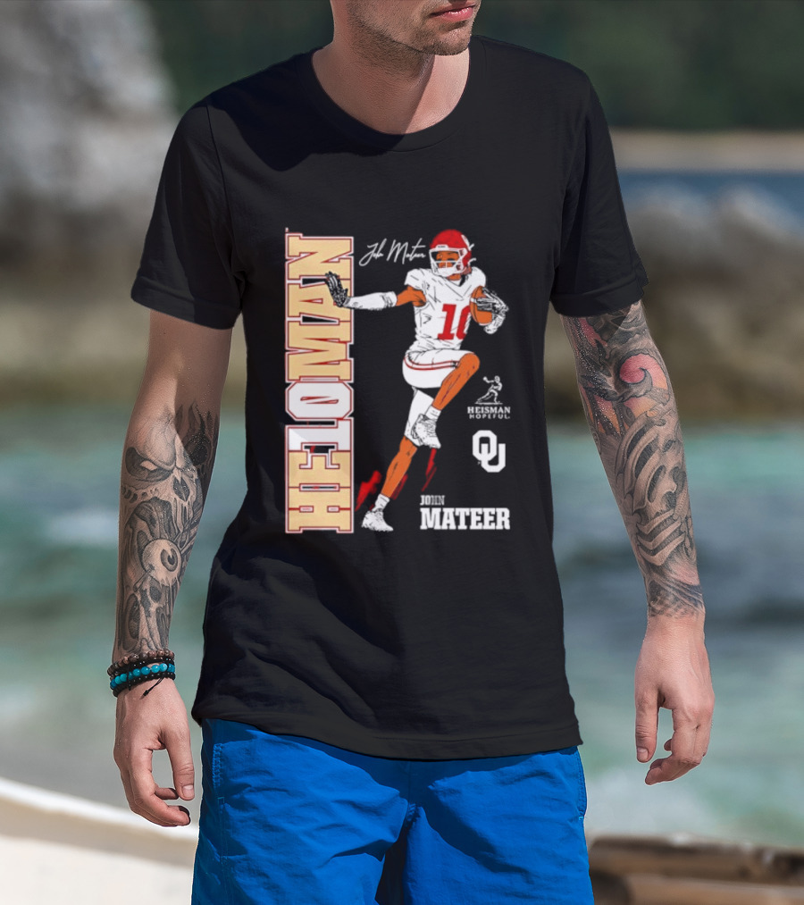 HE10MAN J Mateer Oklahoma Sooners Heisman Stance Player Number 10 T-Shirt