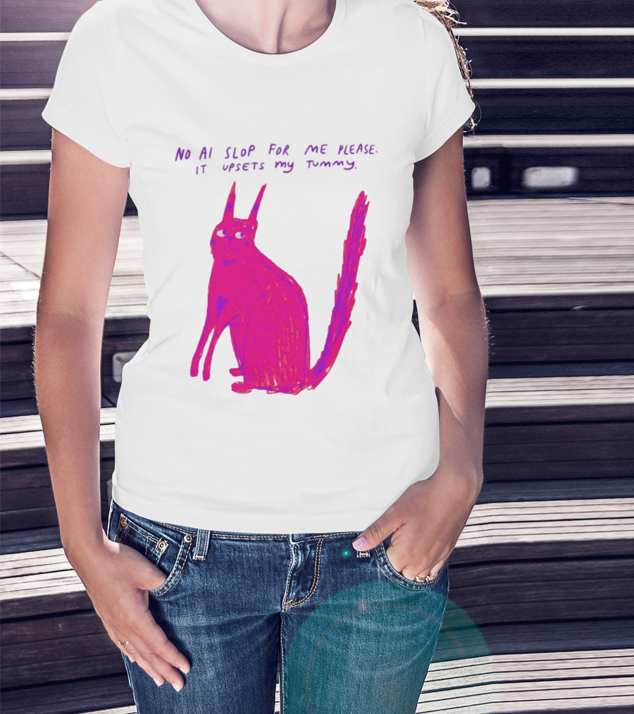 No AI Slop For Me Please It Upsets My Tummy Pink Cat T-Shirt