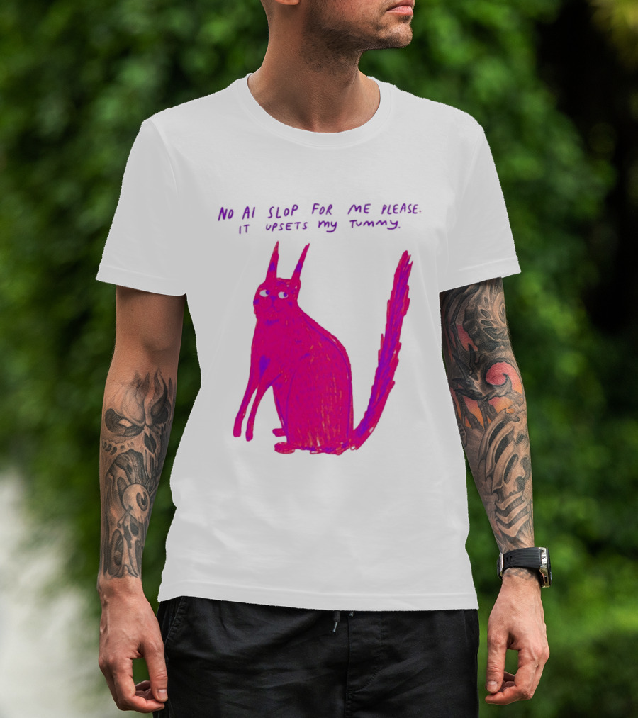 No AI Slop For Me Please It Upsets My Tummy Pink Cat T-Shirt
