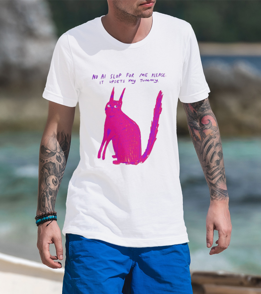 No AI Slop For Me Please It Upsets My Tummy Pink Cat T-Shirt