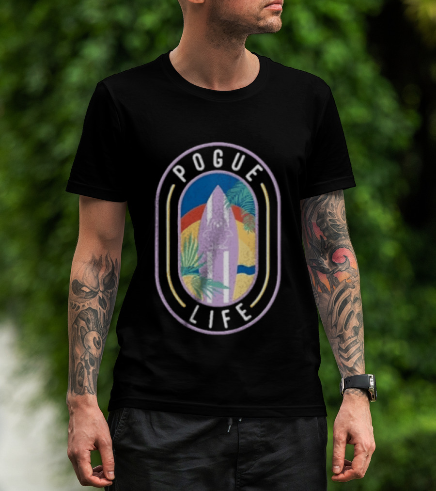 Pogue Life Surfboard And Palm Tree Colorful Tropical T-Shirt