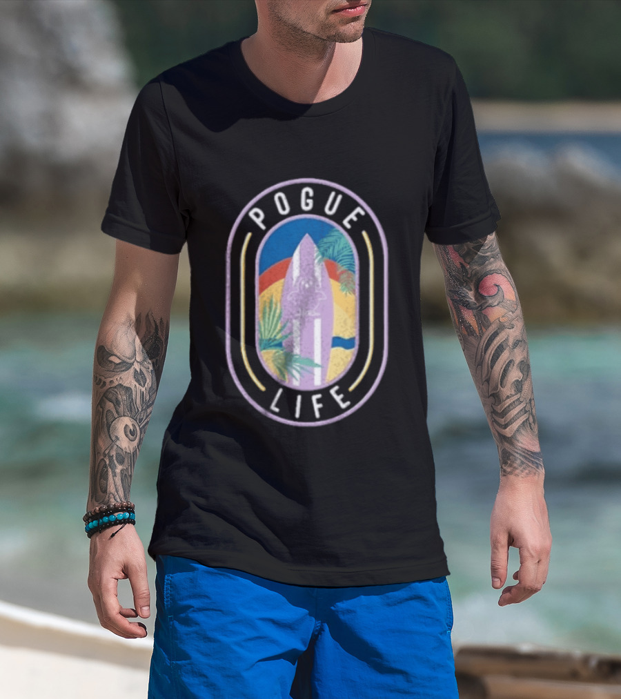 Pogue Life Surfboard And Palm Tree Colorful Tropical T-Shirt