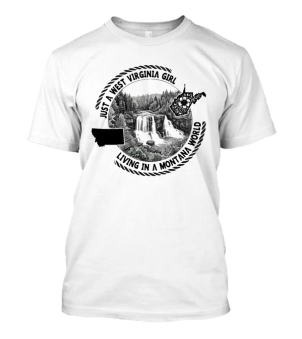 AI West Virginia Girl Living In A Montana World Forest Waterfall Scene T-Shirt