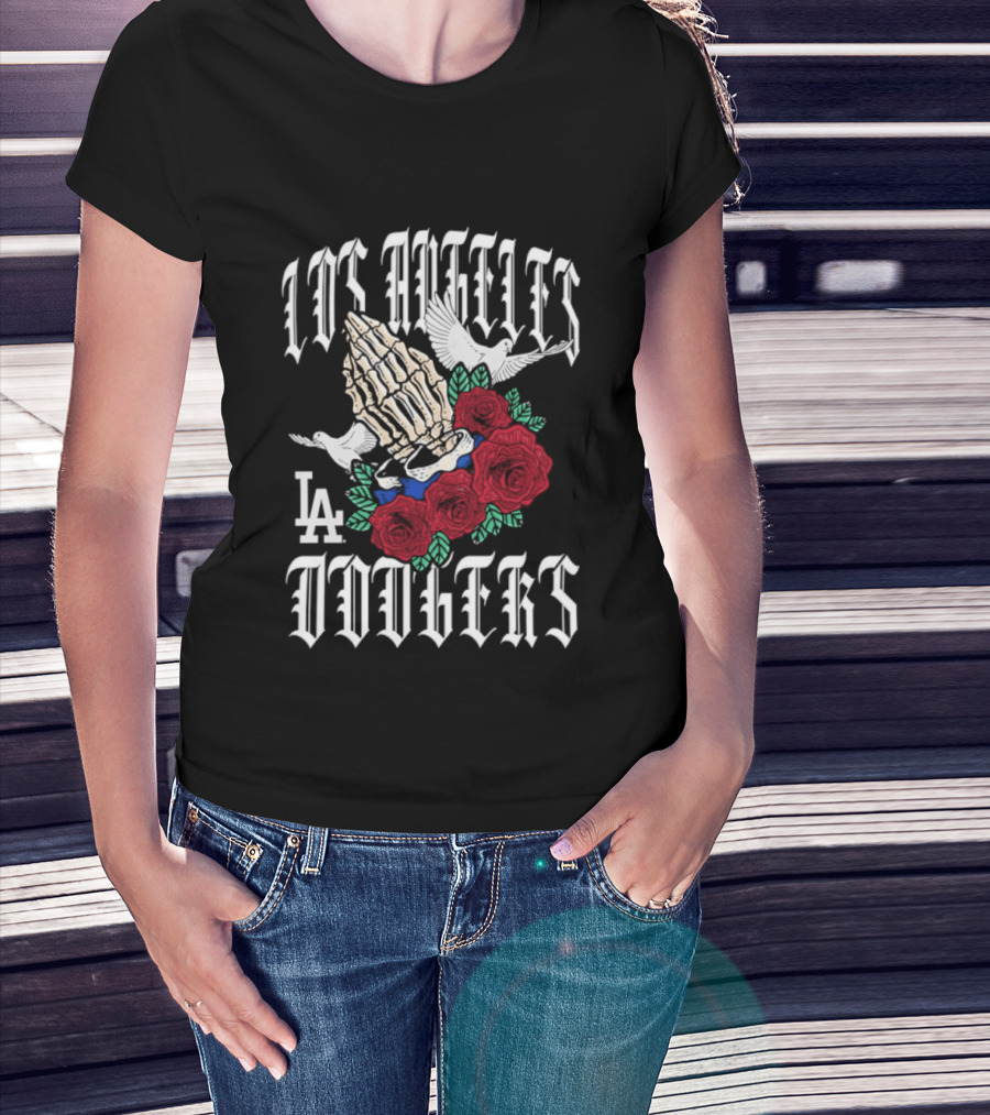 Los Angeles Dodgers Gothic Bloom Praying Hands Roses Halloween 2026 T-Shirt