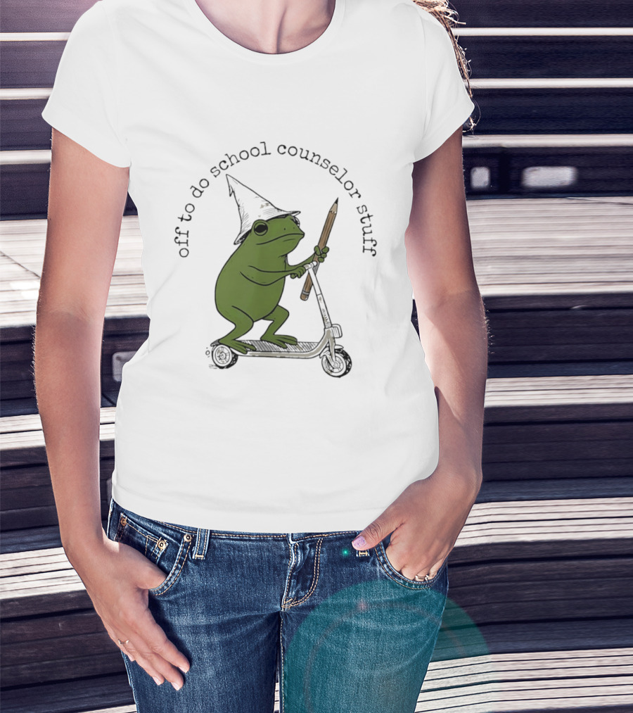 Frog Off To Do School Counselor Stuff With Wizard Hat Riding Scooter T-Shirt