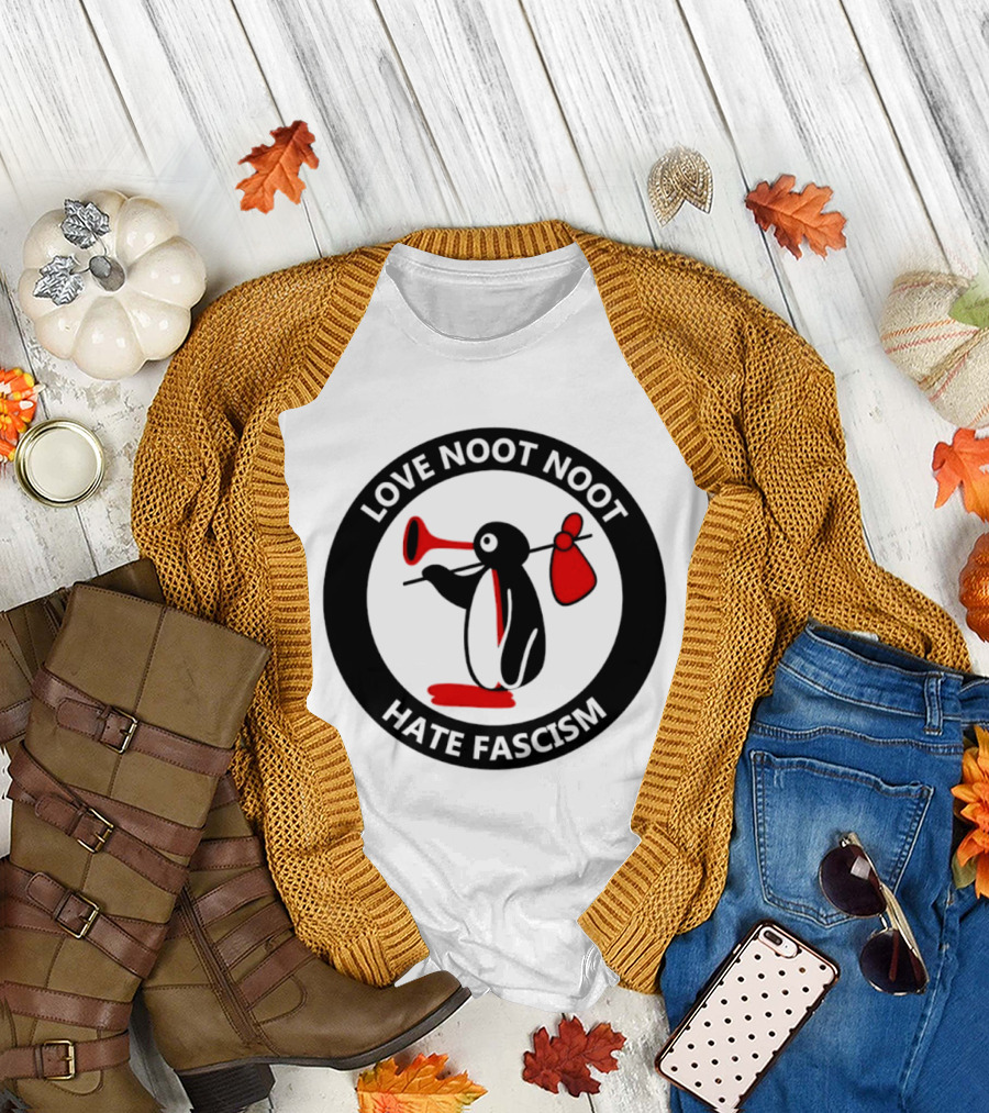 Love Noot Noot Hate Fascism Penguin Carrying Red Bag T-Shirt