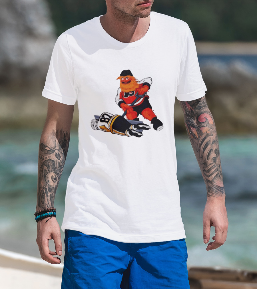 Philadelphia Flyers Gritty Shovelin' Cartoon With Hockey Rivalry Scene T-Shirt