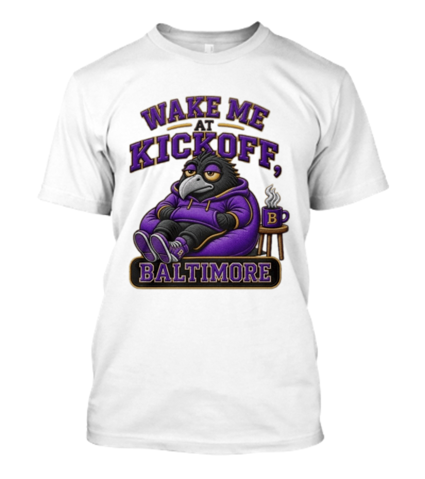 Wake Me At Kickoff Baltimore Purple Bird With Coffee T-Shirt
