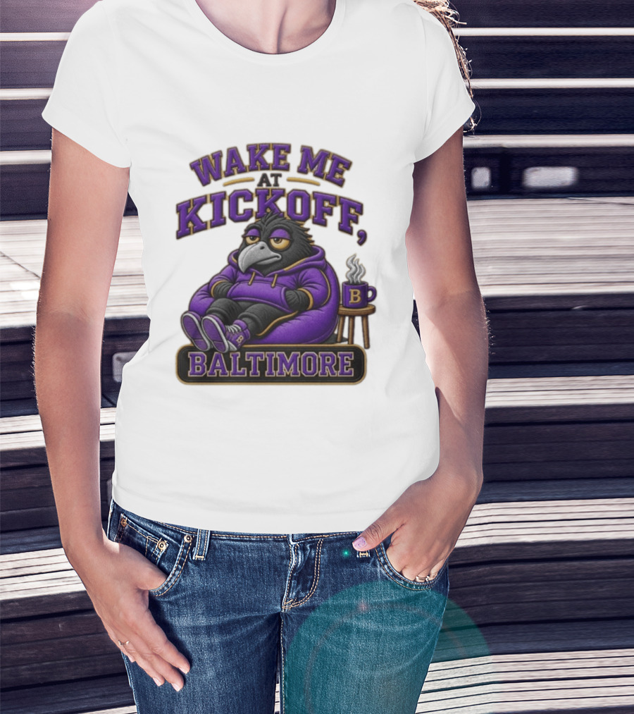 Wake Me At Kickoff Baltimore Purple Bird With Coffee T-Shirt