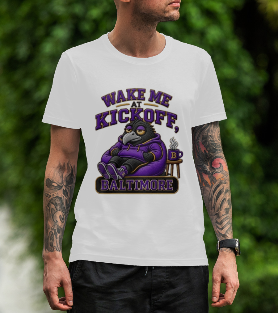 Wake Me At Kickoff Baltimore Purple Bird With Coffee T-Shirt