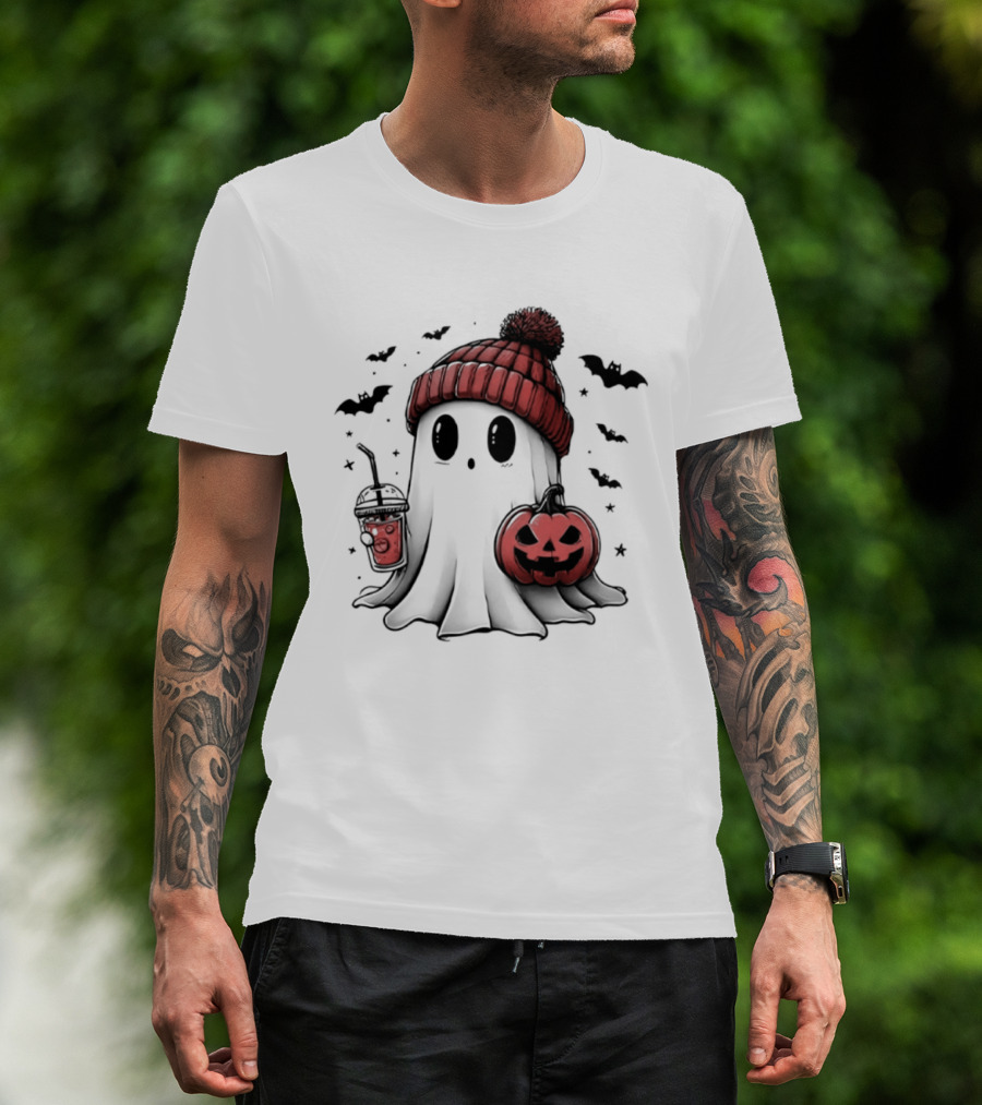 Ghost In Beanie With Pumpkin And Coffee Halloween 2026 T-Shirt