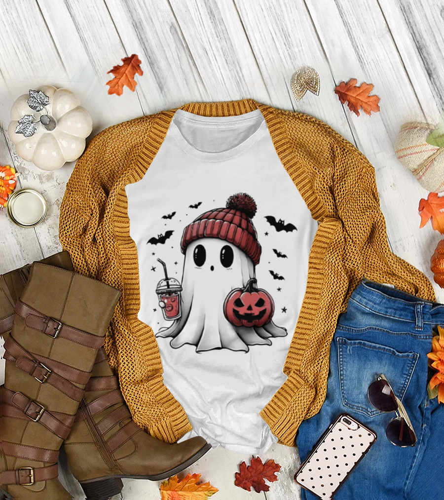 Ghost In Beanie With Pumpkin And Coffee Halloween 2026 T-Shirt