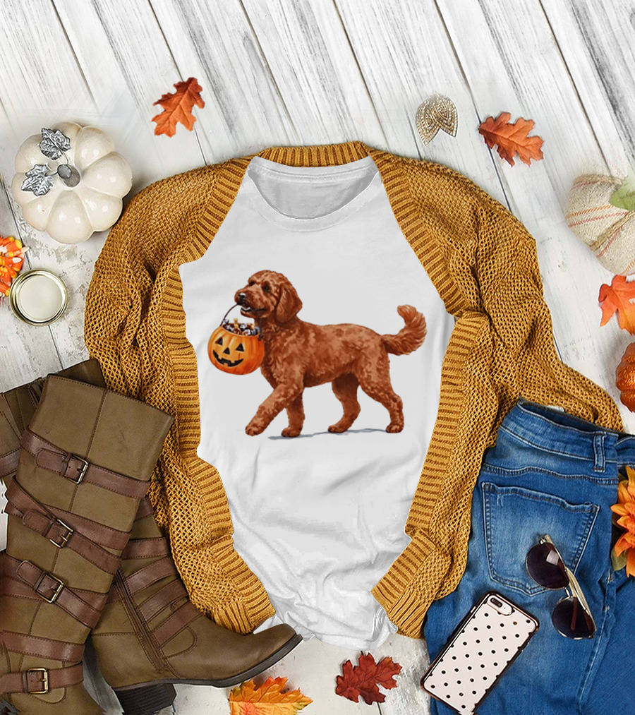 Goldendoodle Halloween Spooky Dog 2026 Pumpkin Treat Bucket T-Shirt