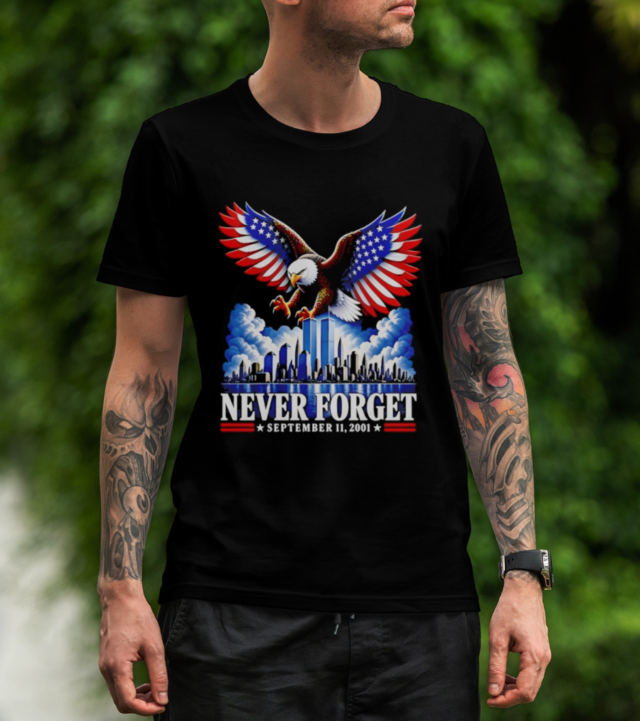 Never Forget September 11 2001 Eagle American Flag Twin Towers Memorial T-Shirt