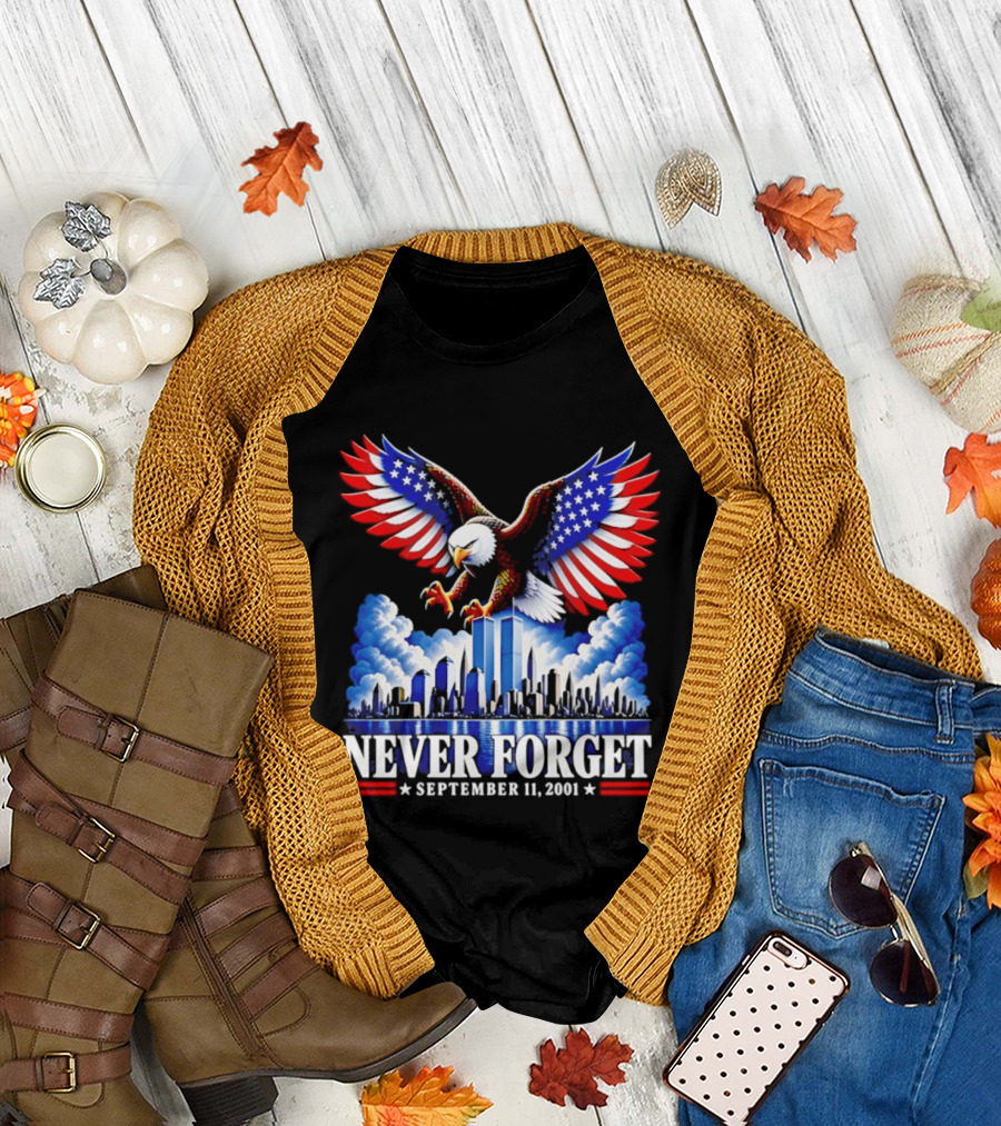 Never Forget September 11 2001 Eagle American Flag Twin Towers Memorial T-Shirt