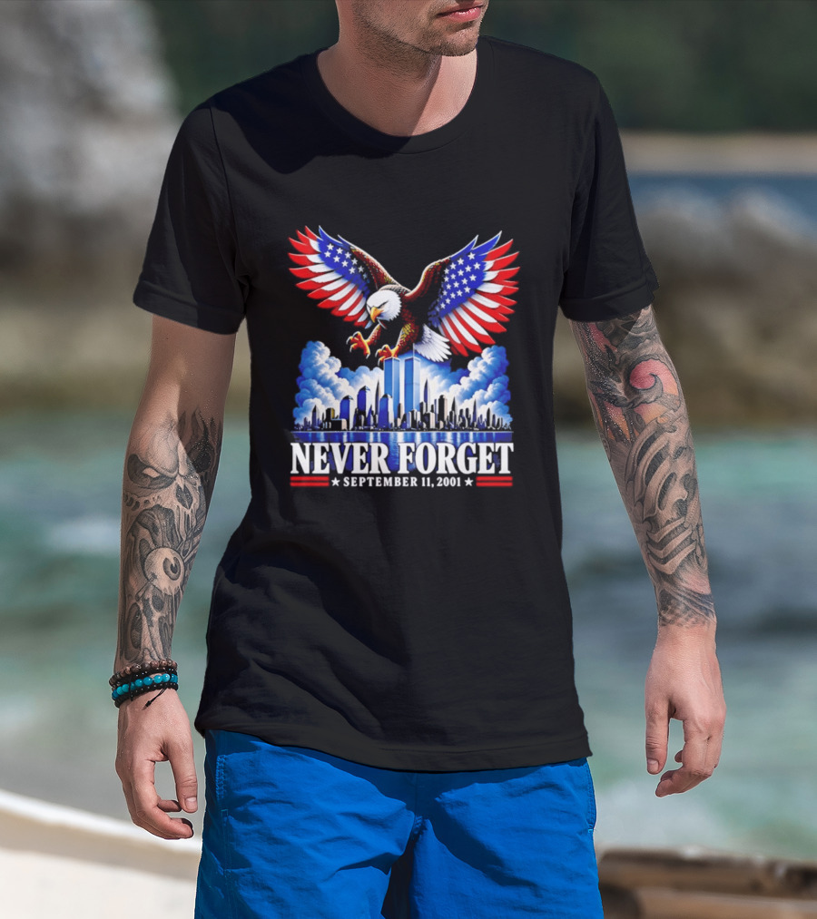Never Forget September 11 2001 Eagle American Flag Twin Towers Memorial T-Shirt
