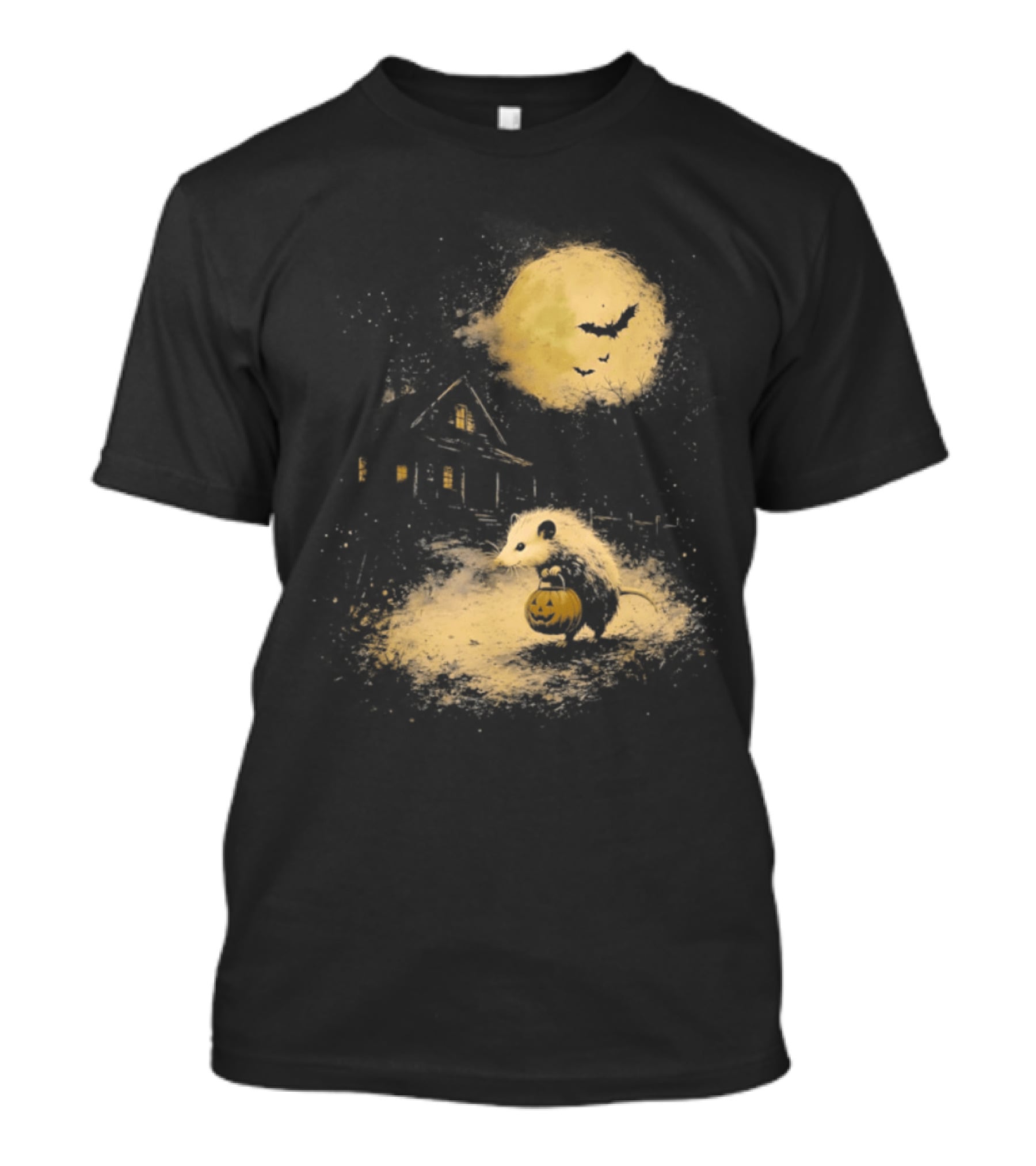 Opossum Halloween 2026 Pumpkin Spooky Moon Haunted House Scene T-Shirt