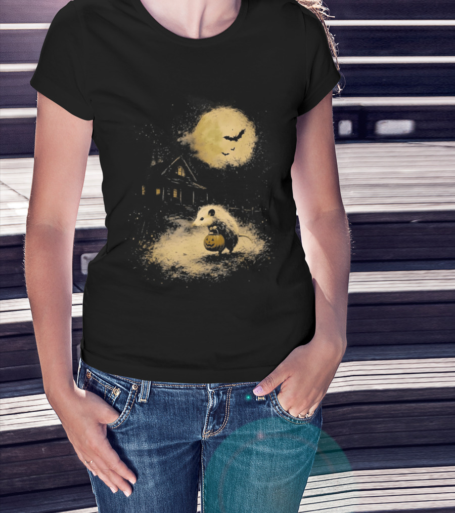 Opossum Halloween 2026 Pumpkin Spooky Moon Haunted House Scene T-Shirt