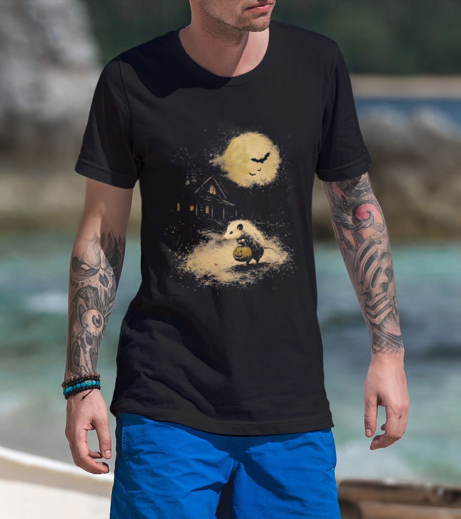 Opossum Halloween 2026 Pumpkin Spooky Moon Haunted House Scene T-Shirt