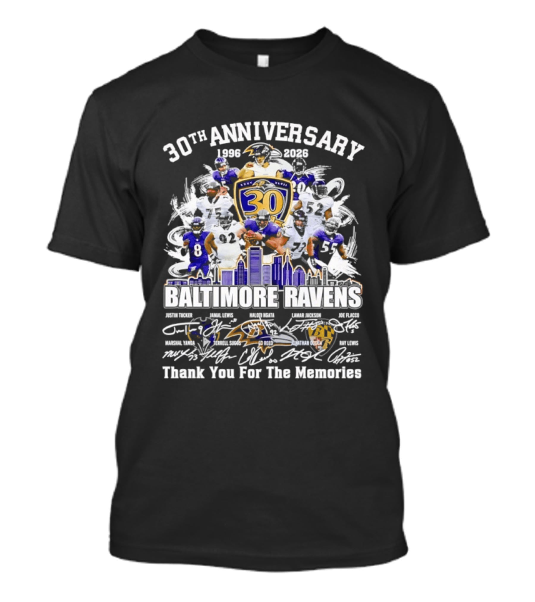 30th Anniversary Baltimore Ravens 1996 2026 Thank You For The Memories Signatures T-Shirt