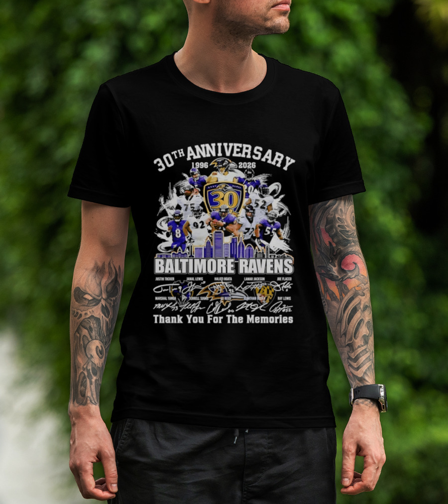 30th Anniversary Baltimore Ravens 1996 2026 Thank You For The Memories Signatures T-Shirt