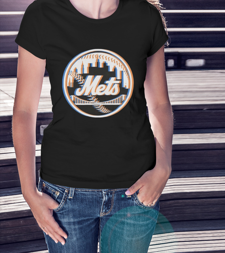 New York Mets Glitch 2026 MLB Season Skyline Bridge Baseball T-Shirt