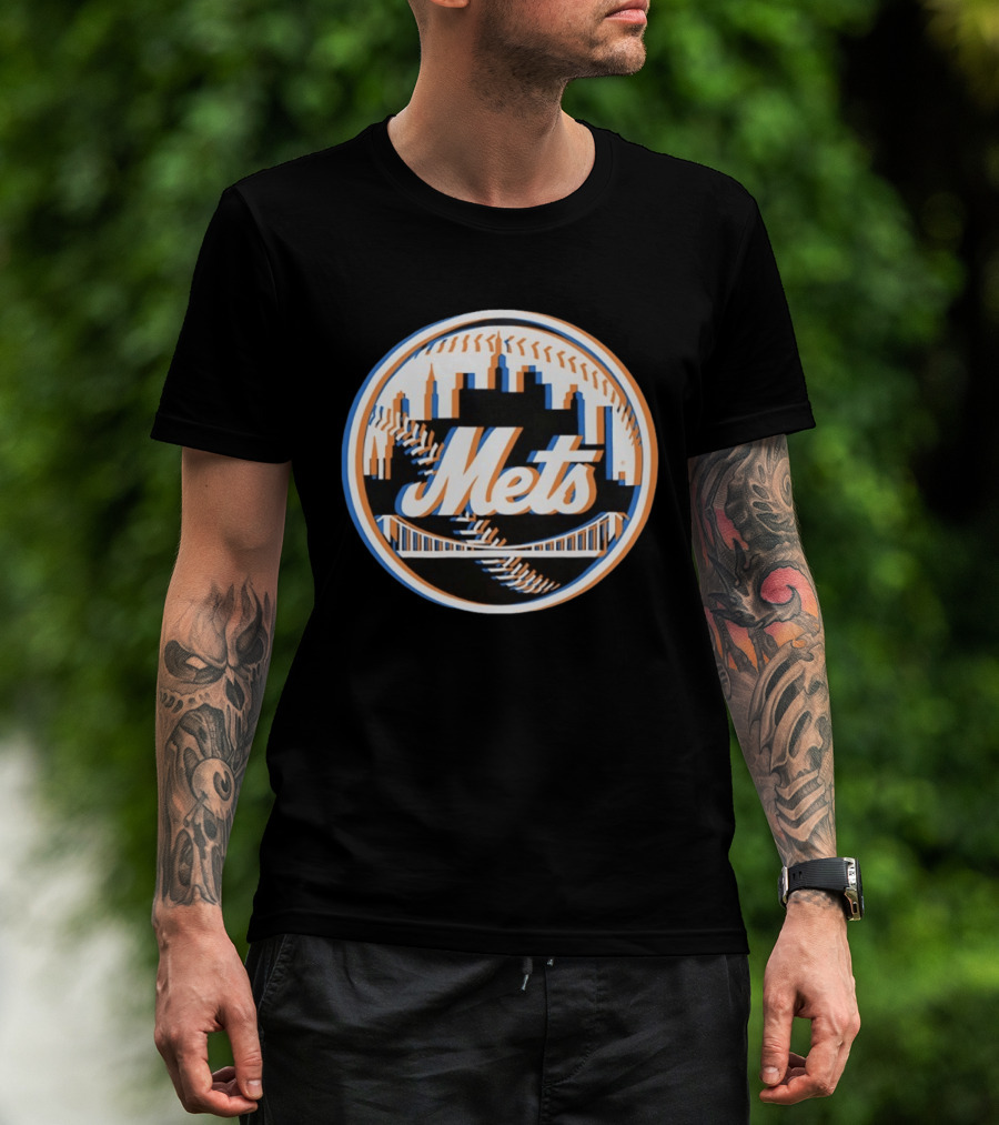 New York Mets Glitch 2026 MLB Season Skyline Bridge Baseball T-Shirt