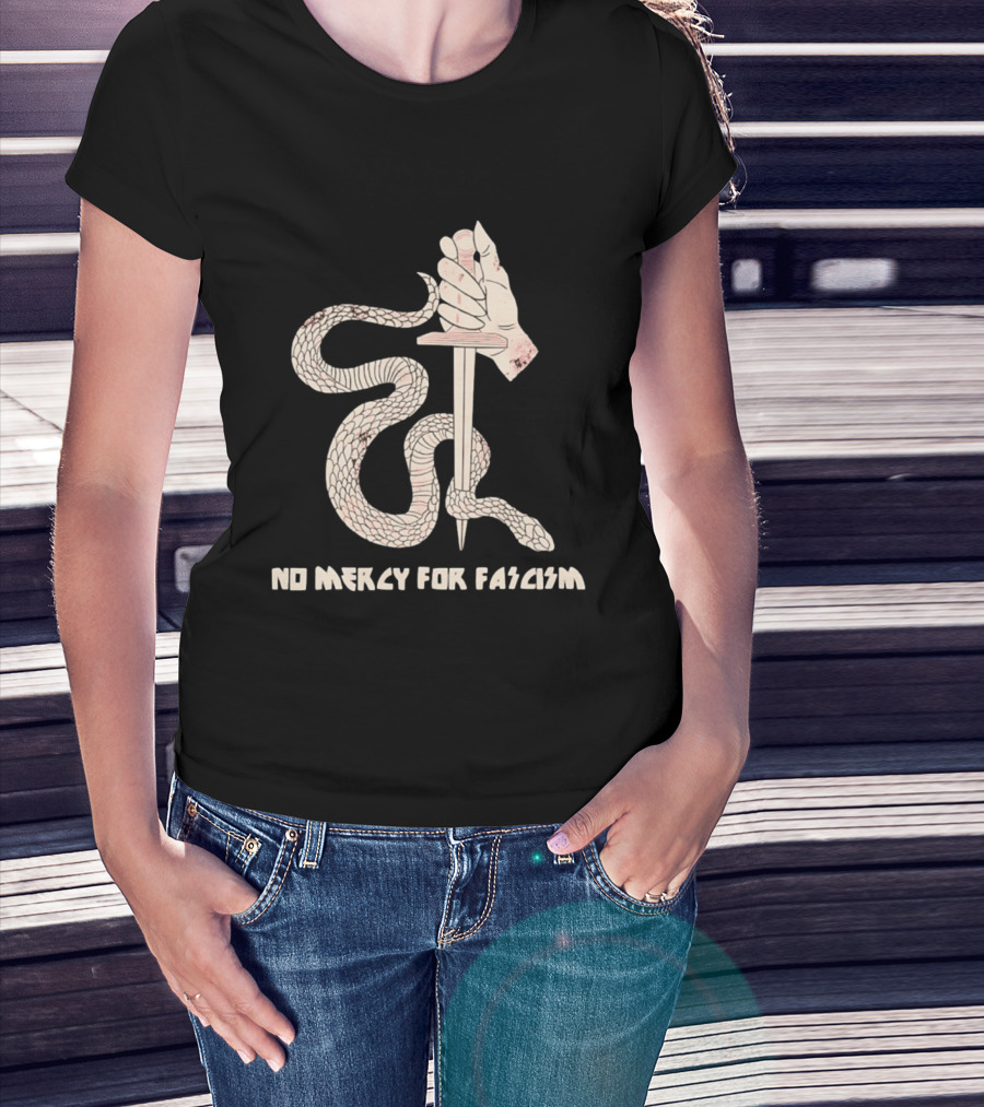 No Mercy For Fascism Snake Winding Around Dagger And Hand T-Shirt