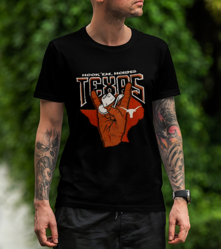 Hook 'em Texas Longhorns Hand Sign With Cowboy Hat And Longhorn T-Shirt