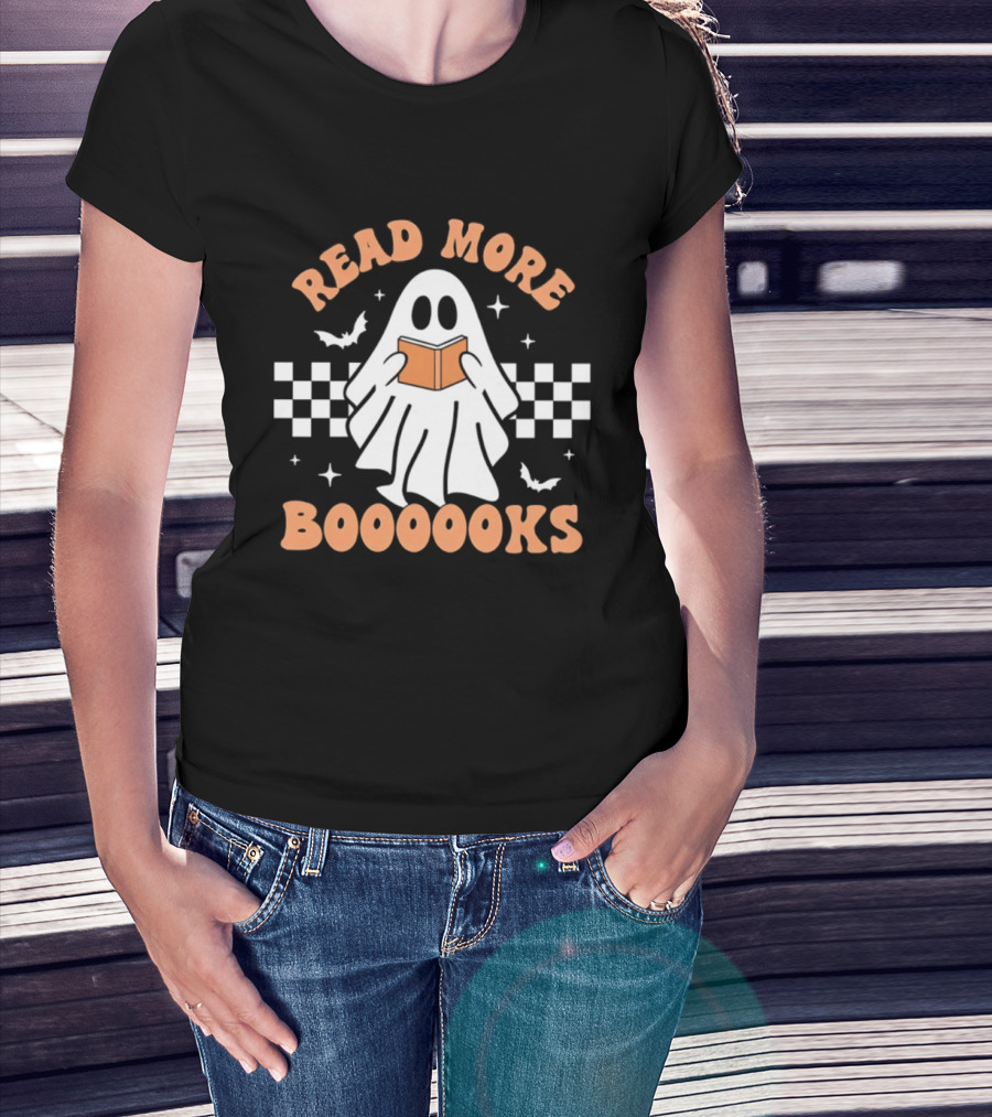 Read More Booooks Ghost Halloween Bat Checkerboard T-Shirt