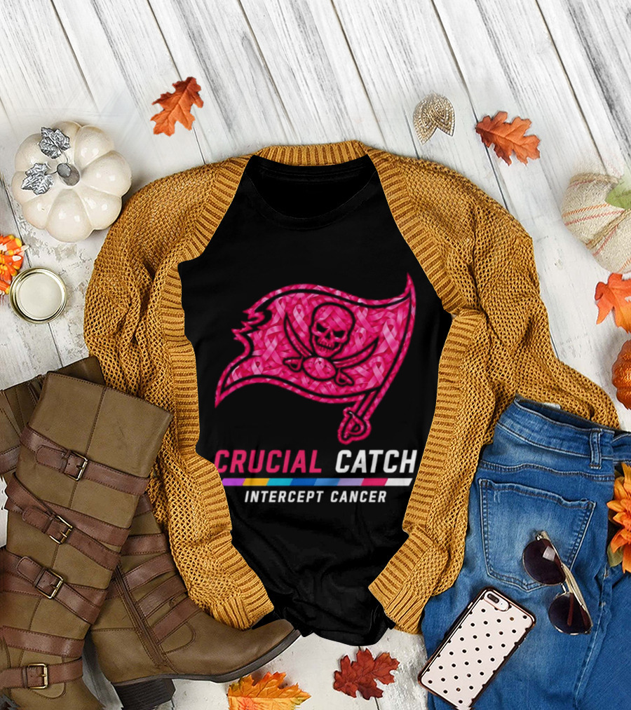 Tampa Bay Buccaneers 2026 Crucial Catch Intercept Cancer Pink Ribbon Flag T-Shirt