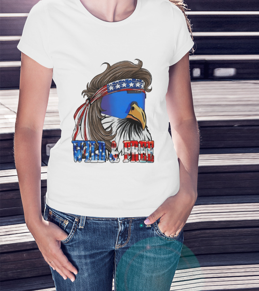 Wild And Free Bald Eagle USA Flag Bandana And Sunglasses T-Shirt