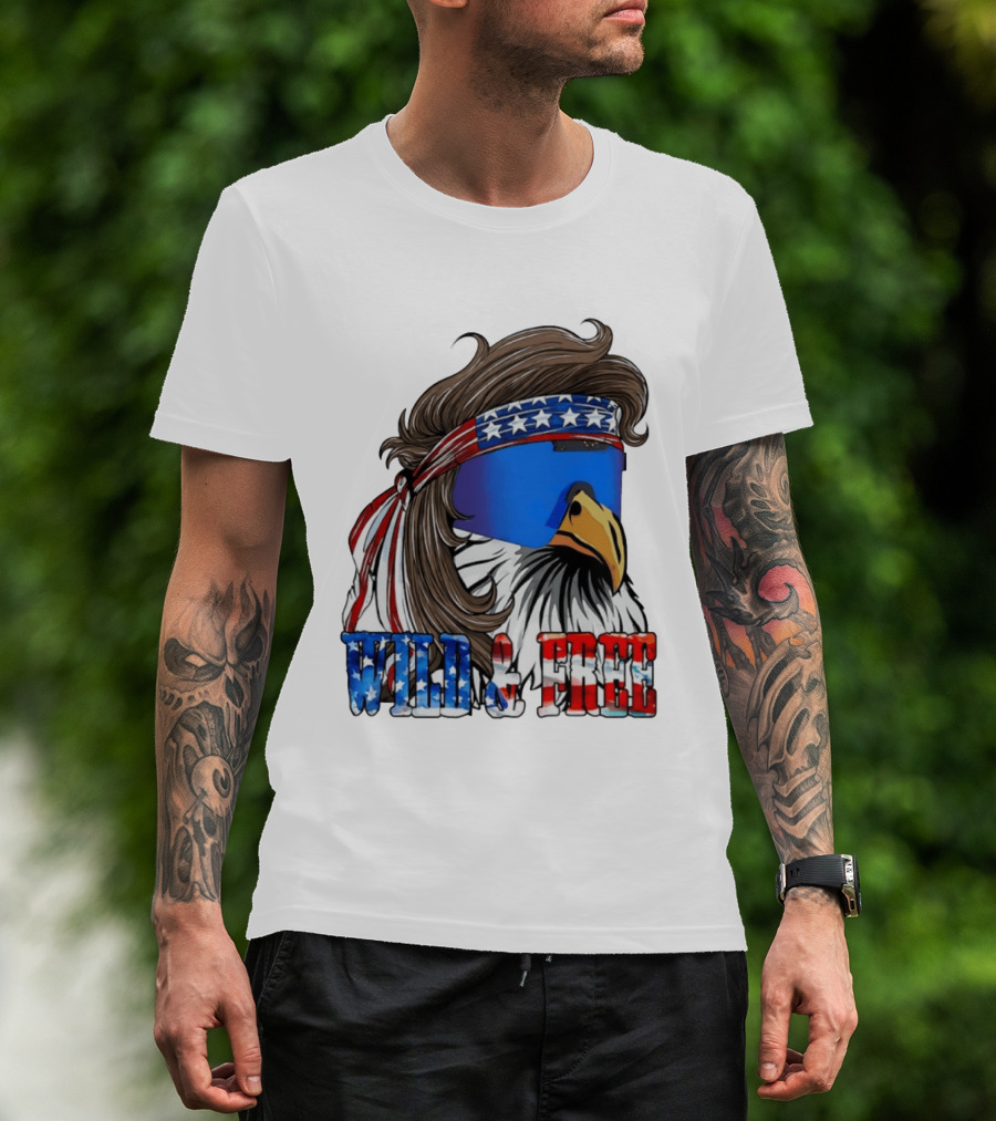 Wild And Free Bald Eagle USA Flag Bandana And Sunglasses T-Shirt