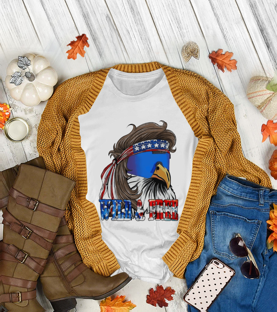 Wild And Free Bald Eagle USA Flag Bandana And Sunglasses T-Shirt