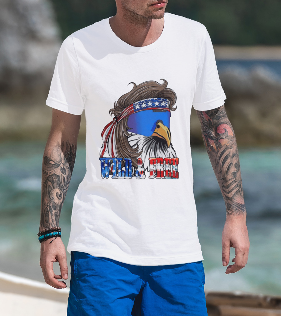Wild And Free Bald Eagle USA Flag Bandana And Sunglasses T-Shirt
