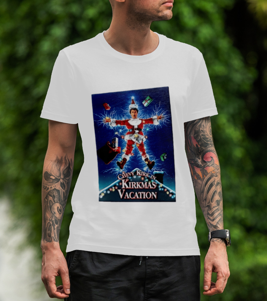 Chevy Kirk In Kirkmas Vacation Christmas Presents Lights Santa Suit Explosion T-Shirt