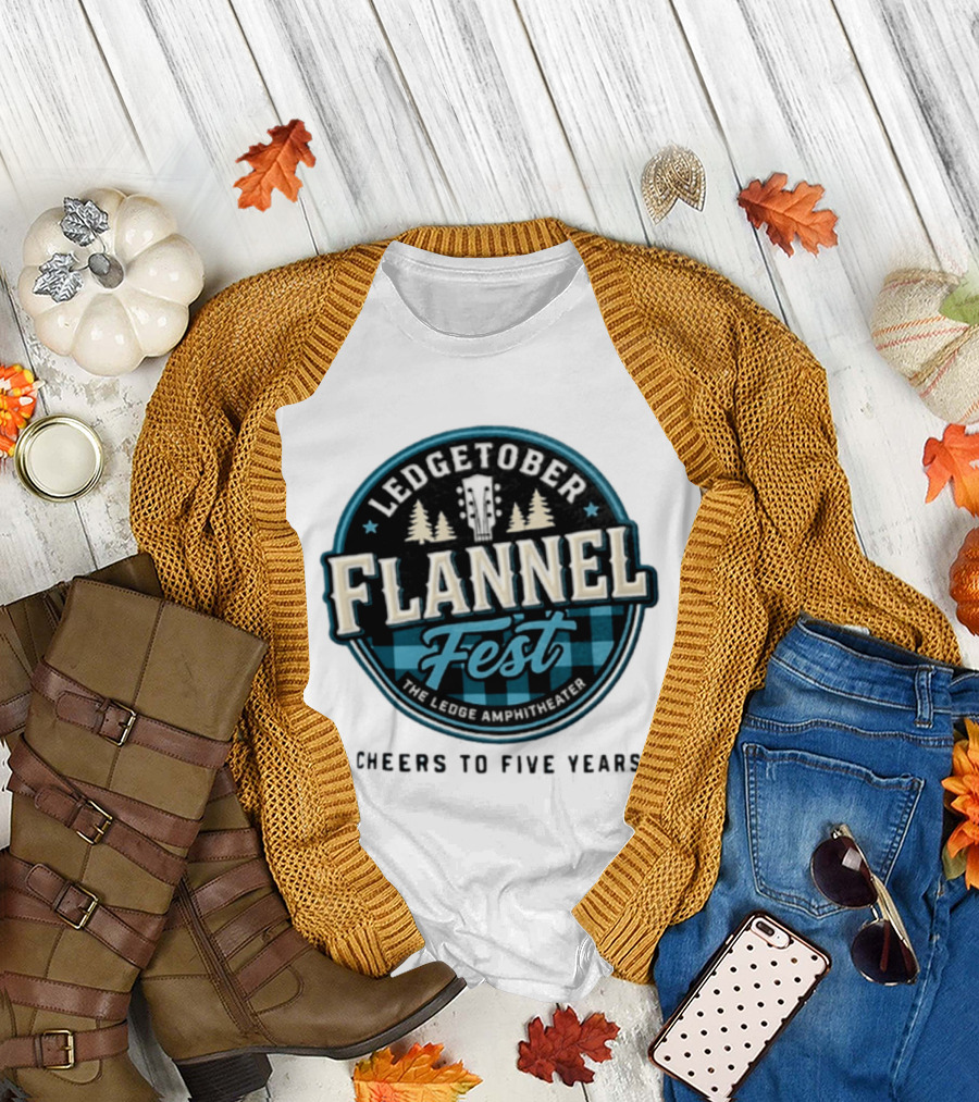 LedgeTober Flannel Fest The Ledge Amphitheater Cheers To Five Years Celebration With Trees And Guitar T-Shirt