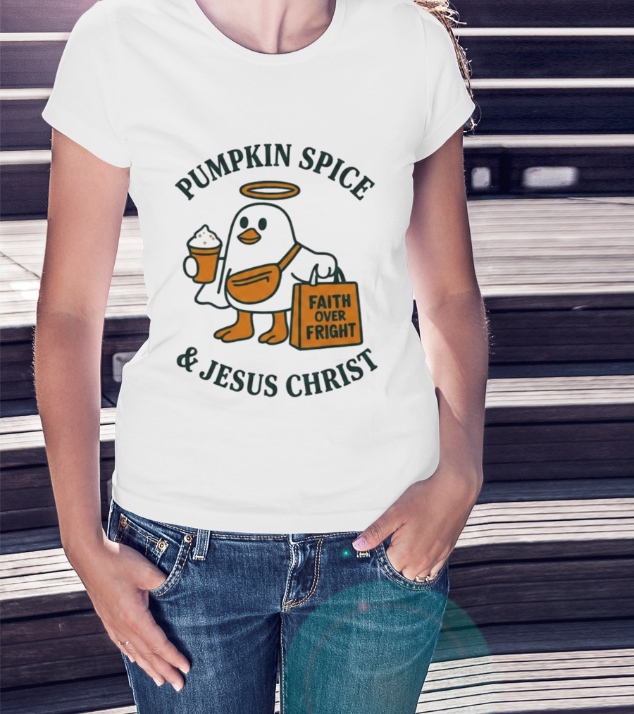 Pumpkin Spice Jesus Christ Faith Over Fright Angelic Penguin Coffee T-Shirt