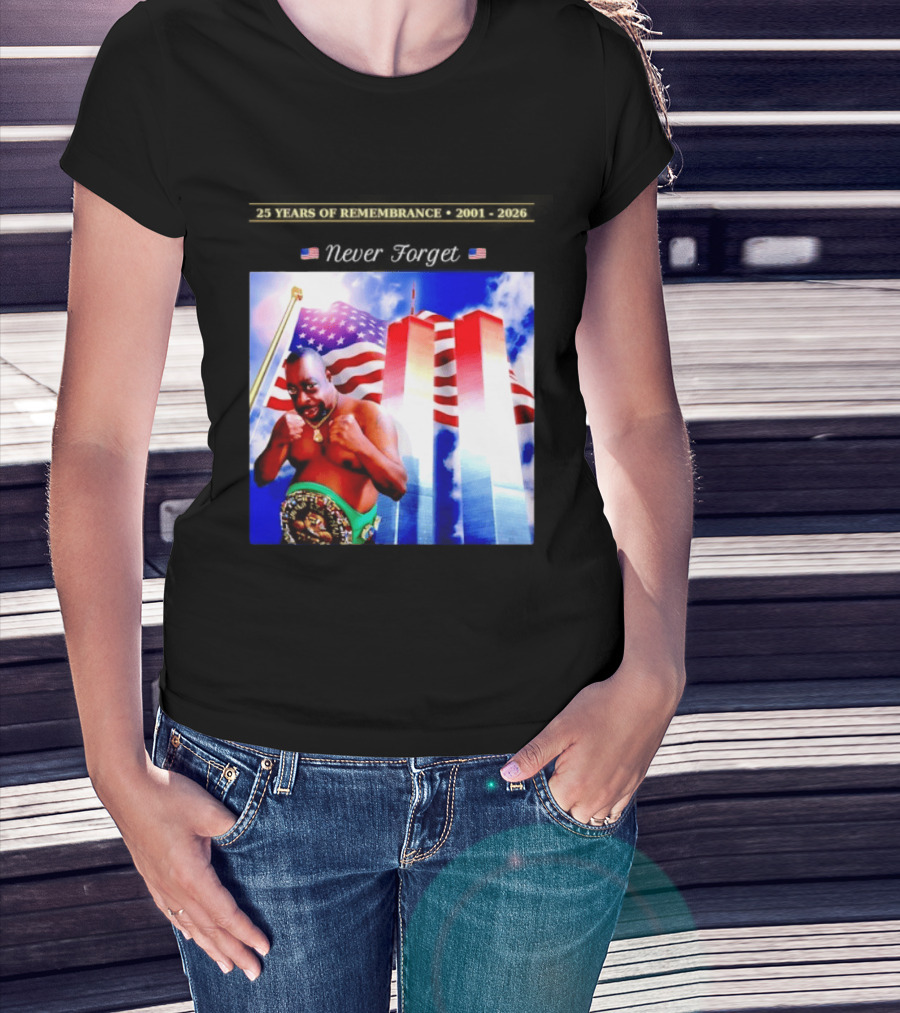 25 Years Of Remembrance 2001 2026 Beetlejuice Never Forget Twin Towers Boxing Belt American Flag T-Shirt