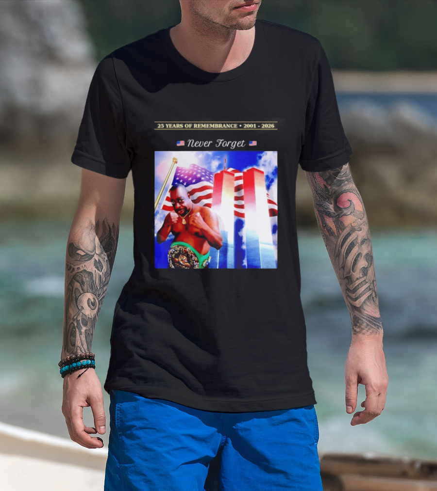 25 Years Of Remembrance 2001 2026 Beetlejuice Never Forget Twin Towers Boxing Belt American Flag T-Shirt