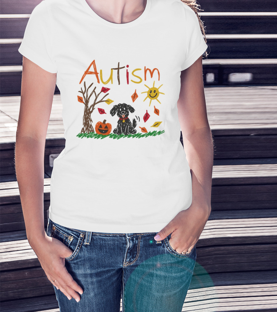 Autism Dog Pumpkin Halloween Fall Leaves Drawing T-Shirt