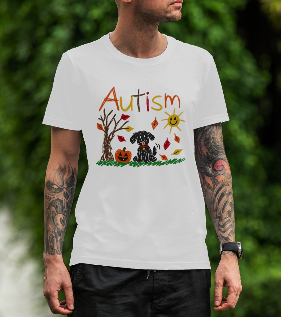 Autism Dog Pumpkin Halloween Fall Leaves Drawing T-Shirt
