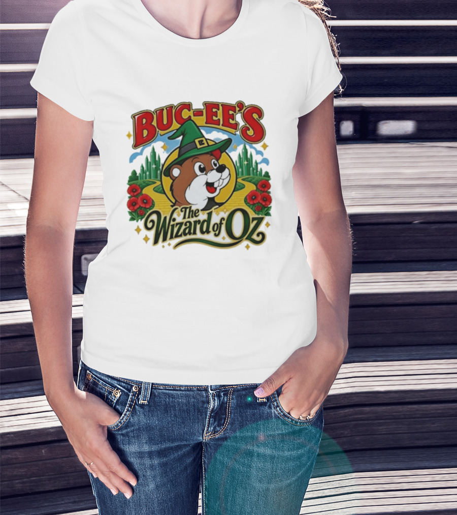 Buc Ee's The Wizard Of Oz Themed Parody With Beaver In Green Hat And Yellow Brick Road T-Shirt