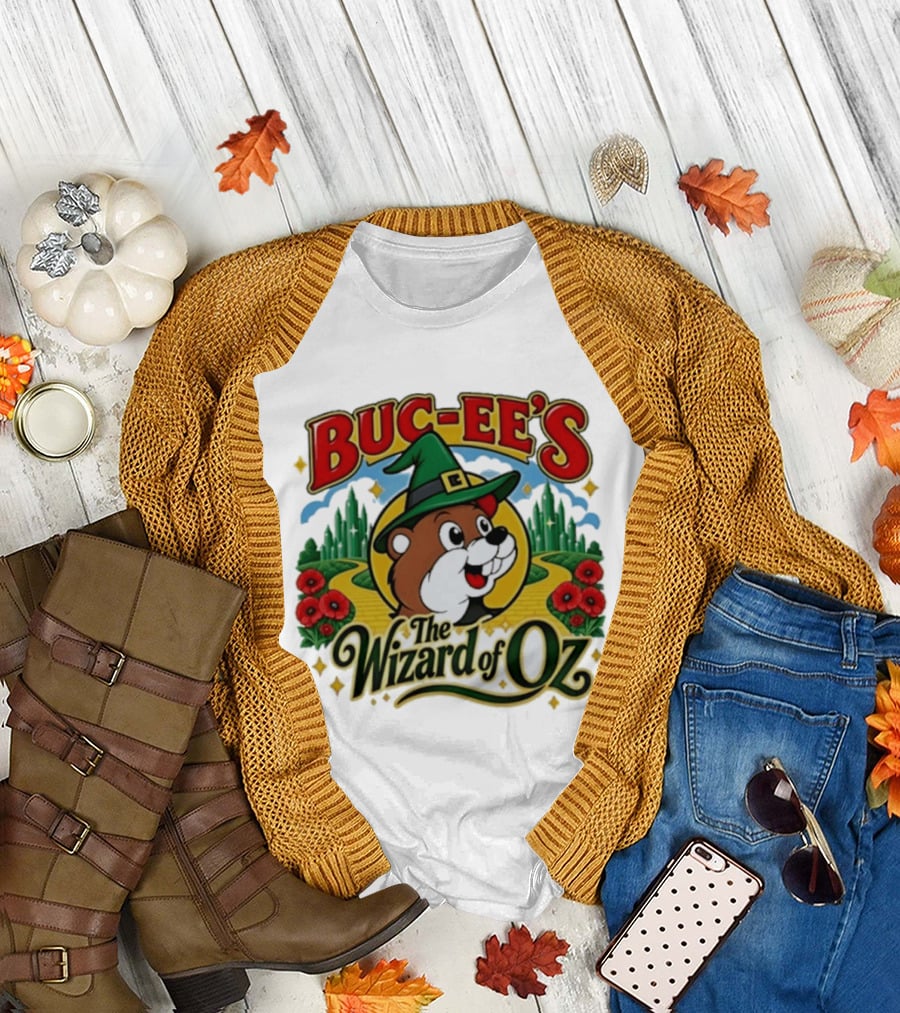 Buc Ee's The Wizard Of Oz Themed Parody With Beaver In Green Hat And Yellow Brick Road T-Shirt