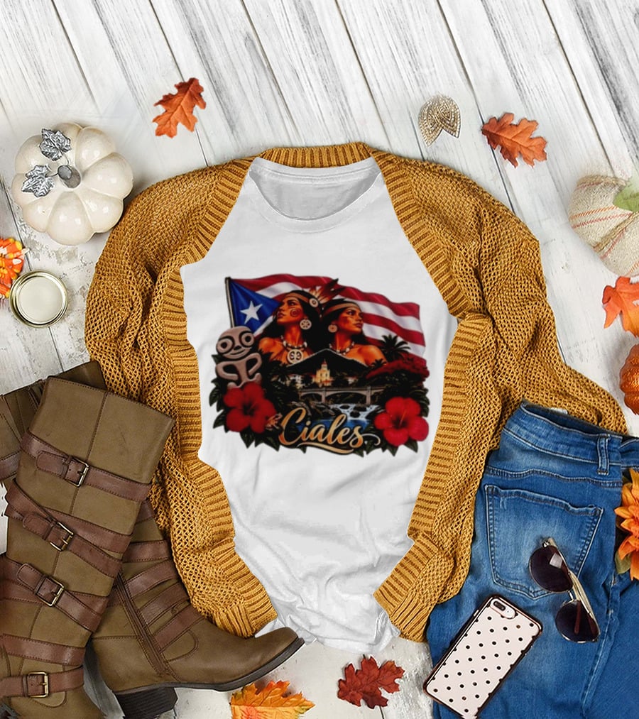 Ciales Puerto Rico Taino Women With Flag Hibiscus Flowers And Indigenous T-Shirt