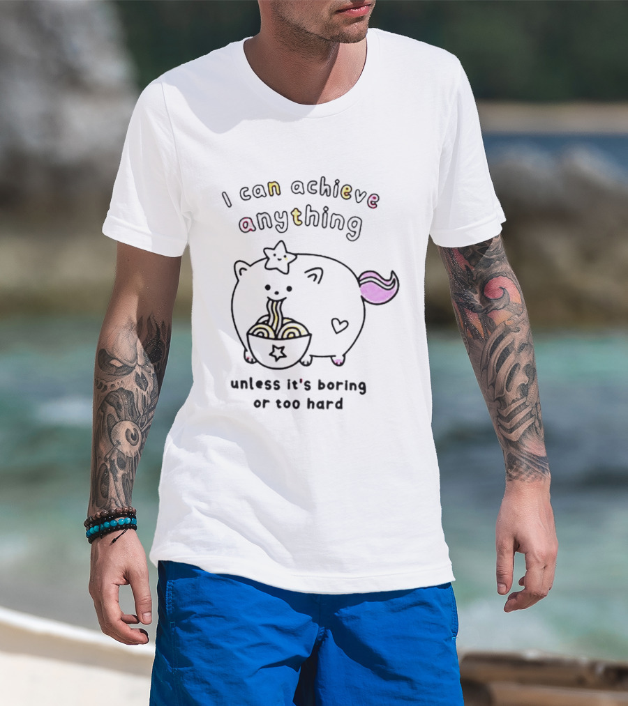 I Can Achieve Anything Cute Starry Cat Eating Noodles Unless It's Boring Or Too Hard T-Shirt