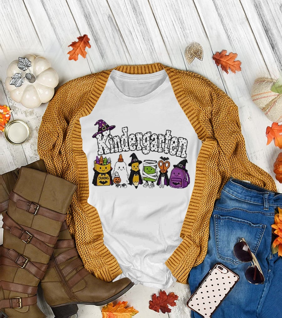 Kindergarten Crayons Ghost Bat Pumpkin Mummy Scissors Backpack Halloween T-Shirt