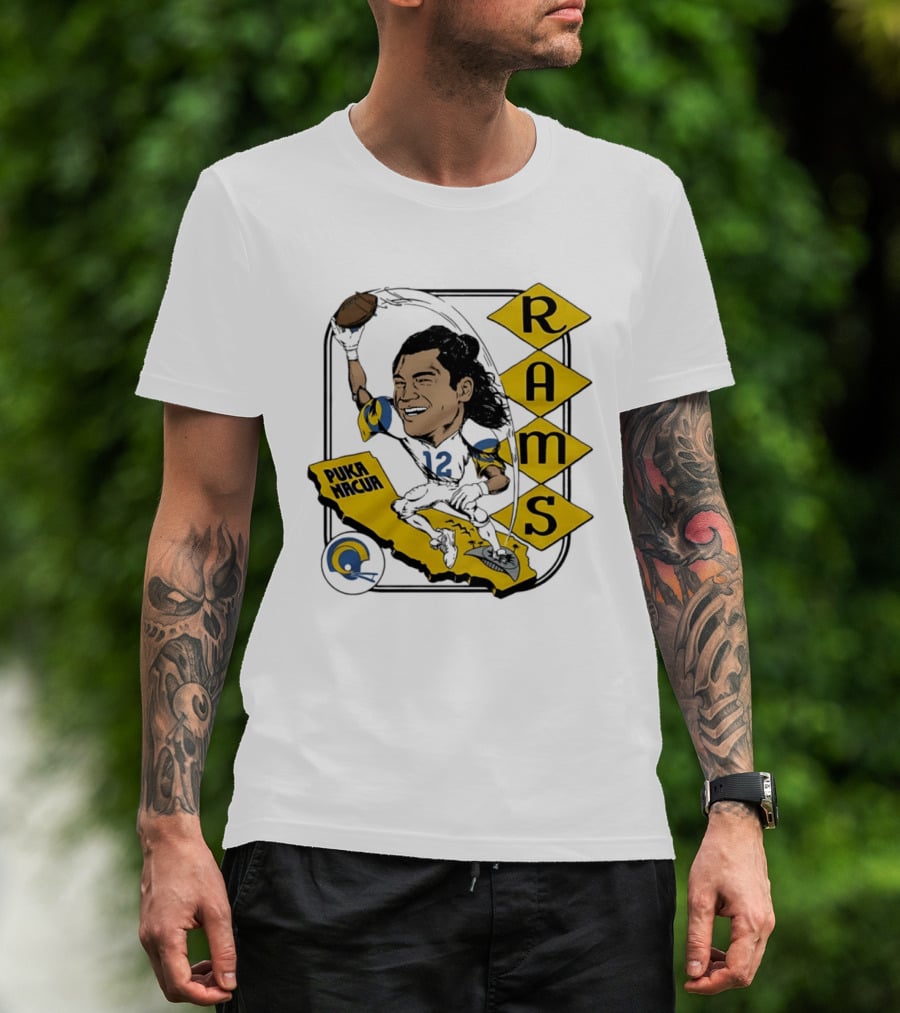 Los Angeles Rams Puka Nacua Caricature Football Player California Map T-Shirt