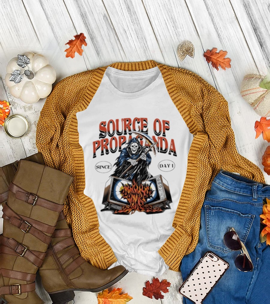 Source Of Propaganda Since Day 1 Grim Reaper Over Burning Television T-Shirt
