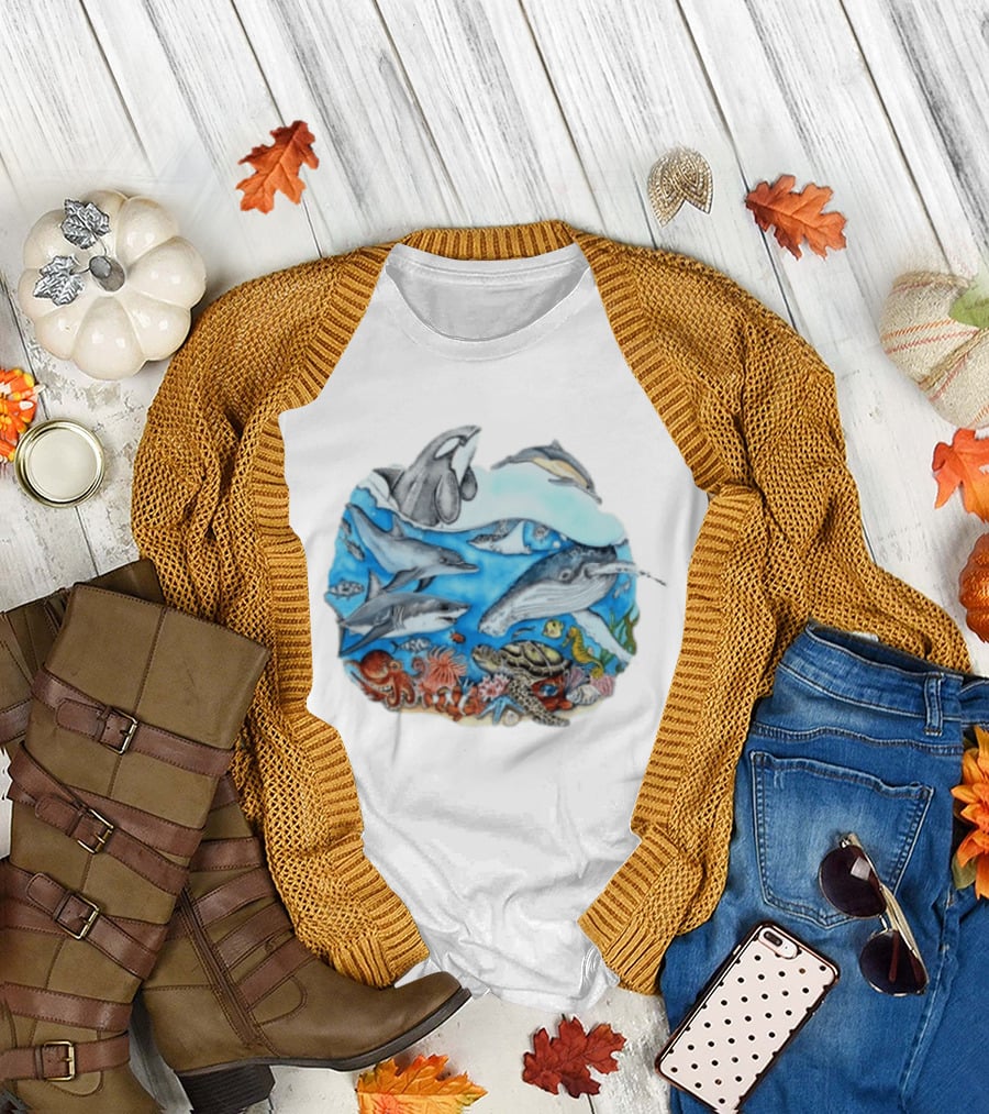 World Oceans Day Marine Life Dolphins Whales Turtles Octopus Coral Sea Animals Conservation T-Shirt